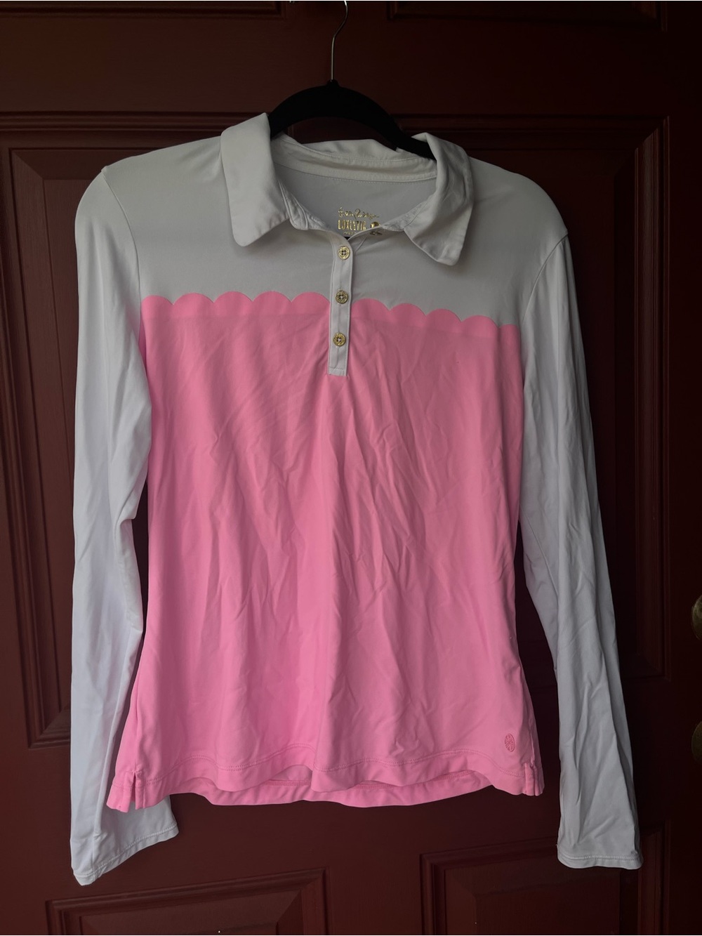Lilly Pulitzer Pink & White Scallop-Detail Long Sleeve Polo